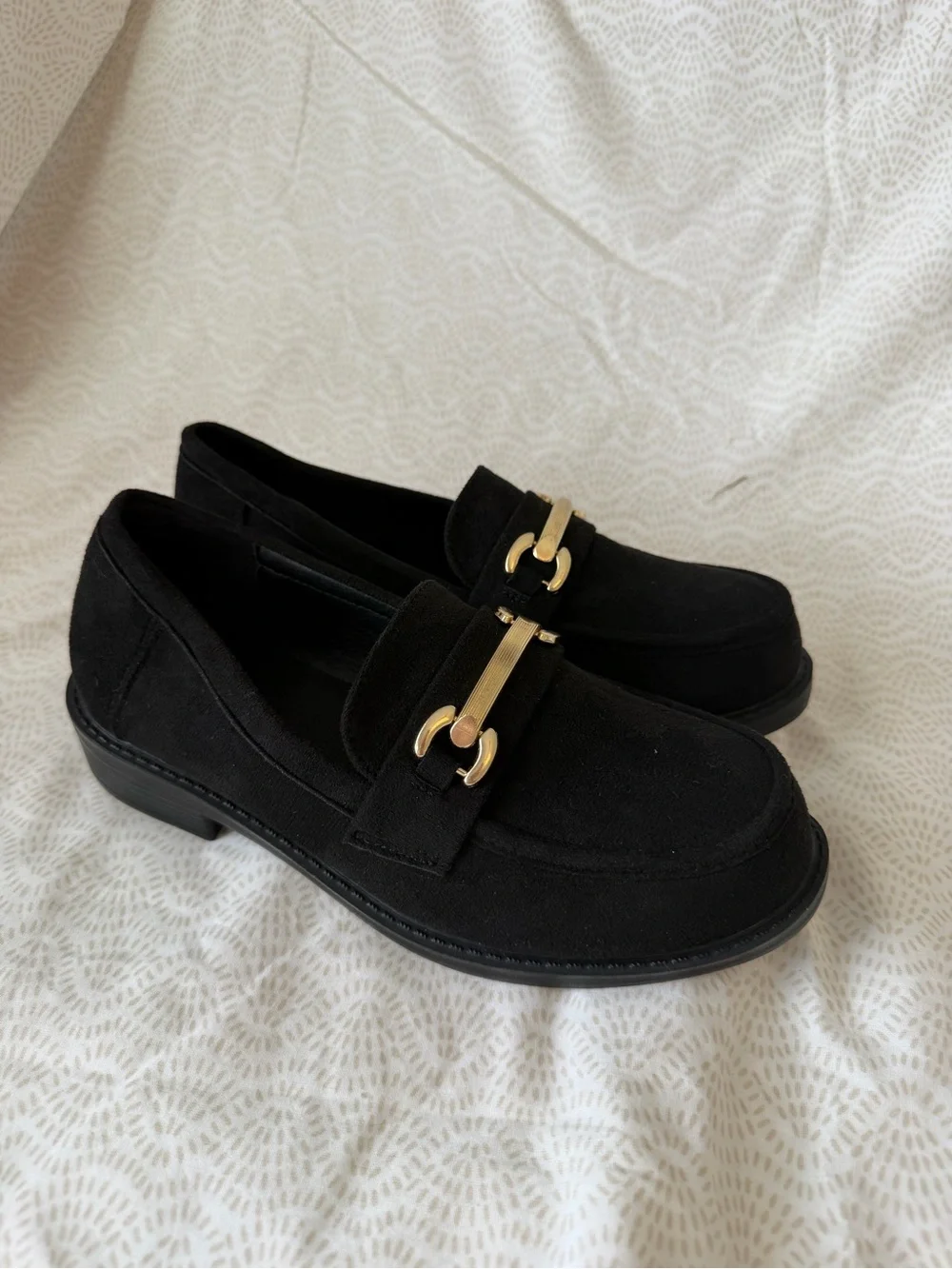 Black Suede Loafers with Gold Bit Accent